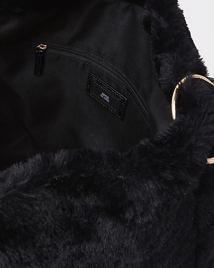 Black faux fur chain front slouch bag