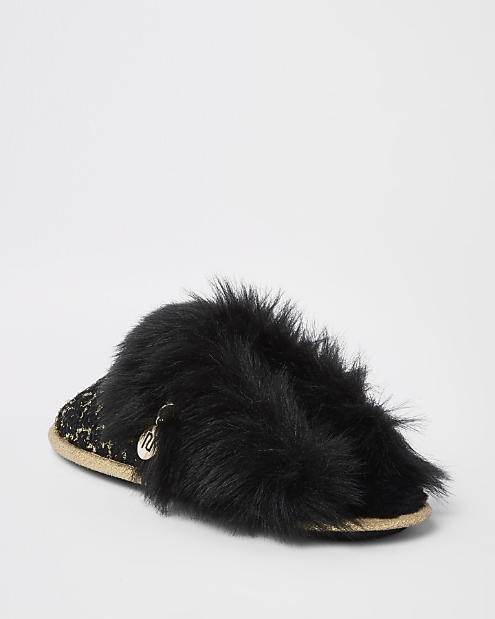 Black boucle faux fur trim slippers