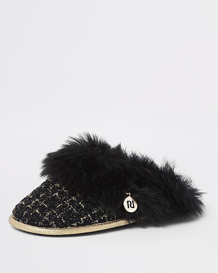 Black boucle faux fur trim slippers