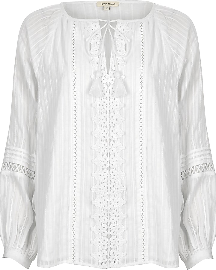 White tie lace trim long sleeve top
