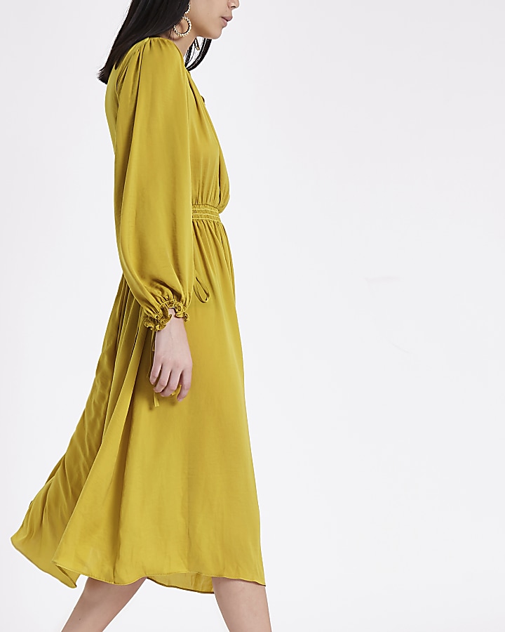 Yellow shirred waist swing dress