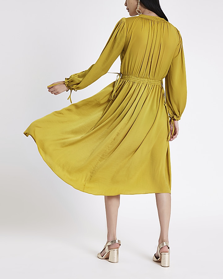 Yellow shirred waist swing dress