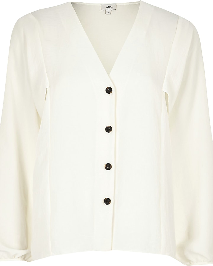 Cream button up v neck blouse