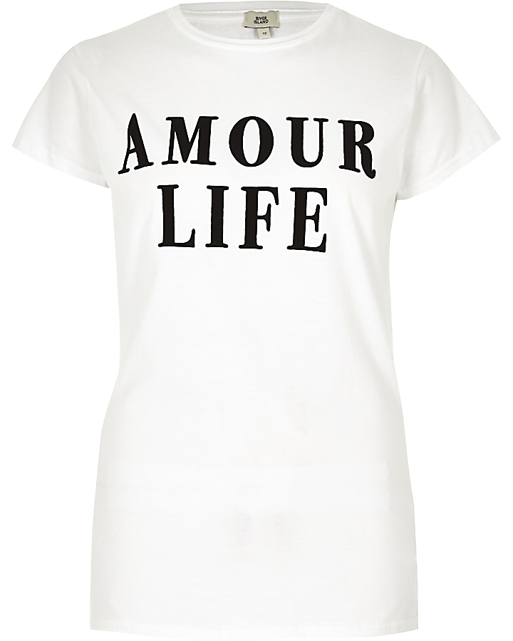 White ‘amour life’ flock print T-shirt
