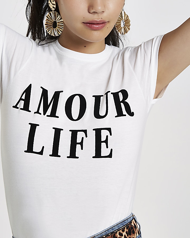 White ‘amour life’ flock print T-shirt