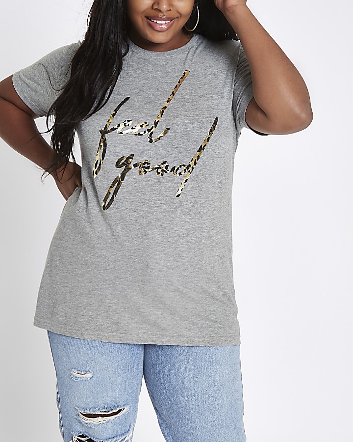 Plus grey ‘feel good’ leopard print T-shirt