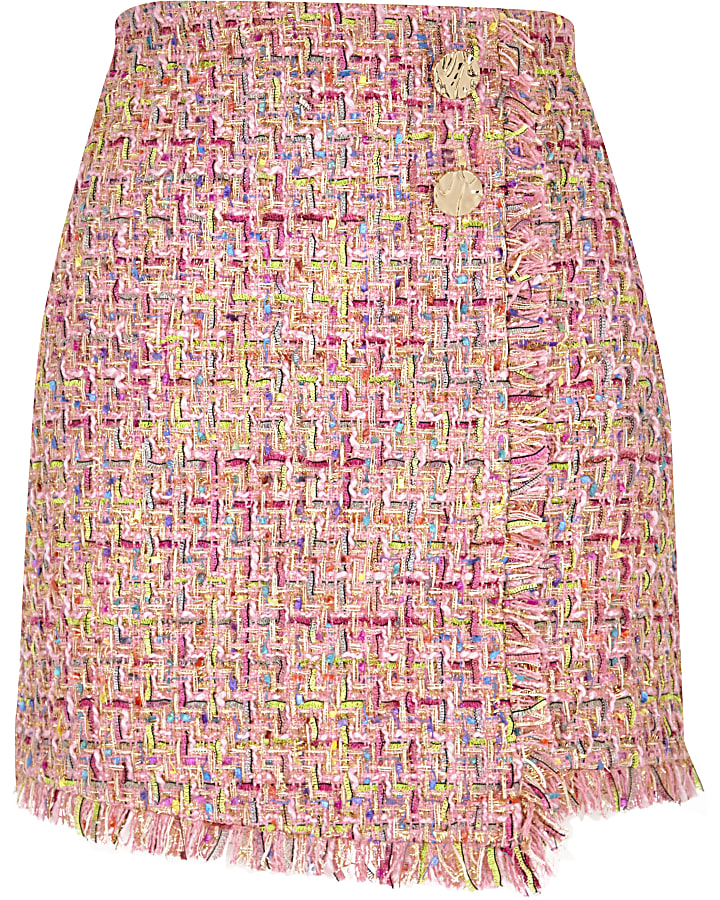 Pink check boucle button mini skirt