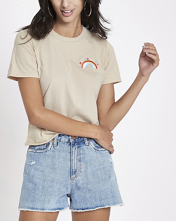 Beige 'maybe baby' embroidered crop T-shirt