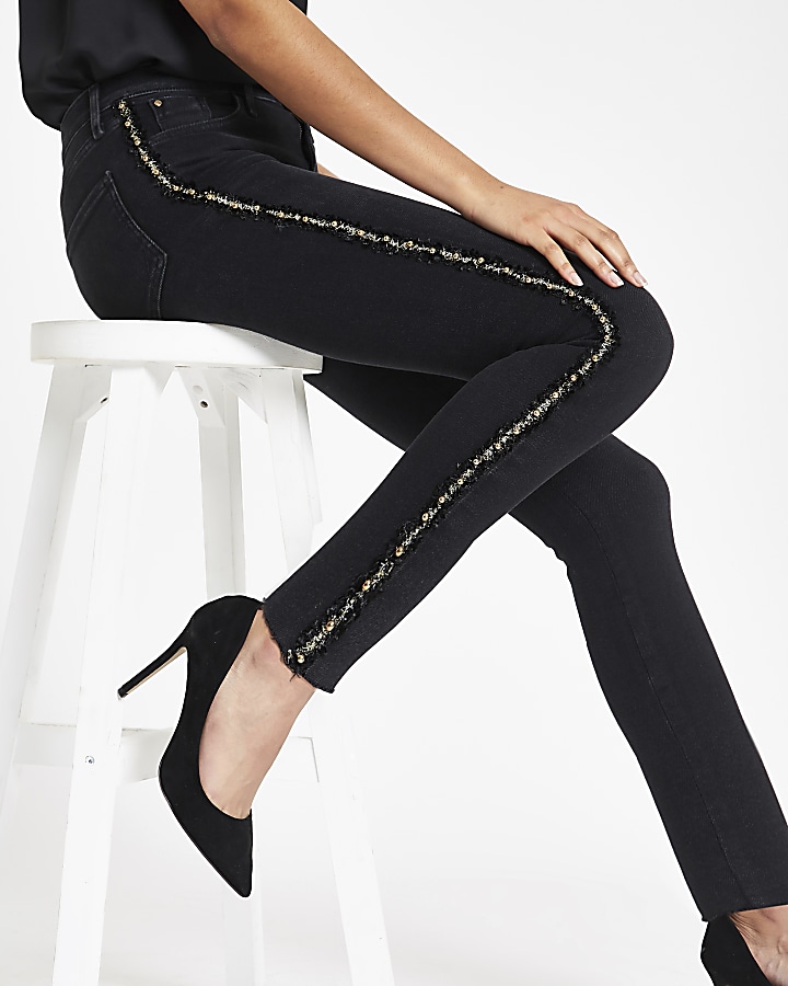 Black Amelie side embellished skinny jeans