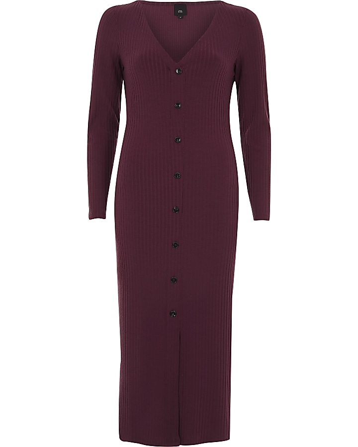 Dark red ribbed button front bodycon dress