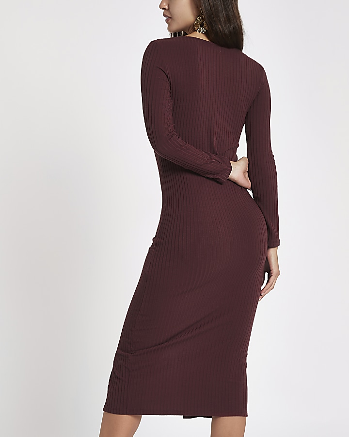 Dark red ribbed button front bodycon dress