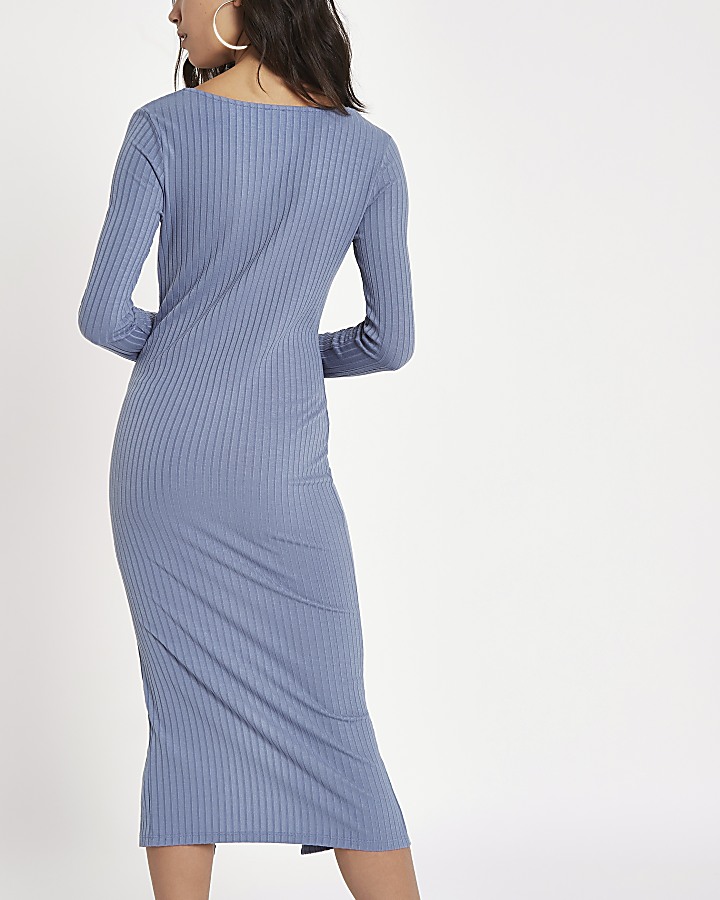 Light blue ribbed button front bodycon dress