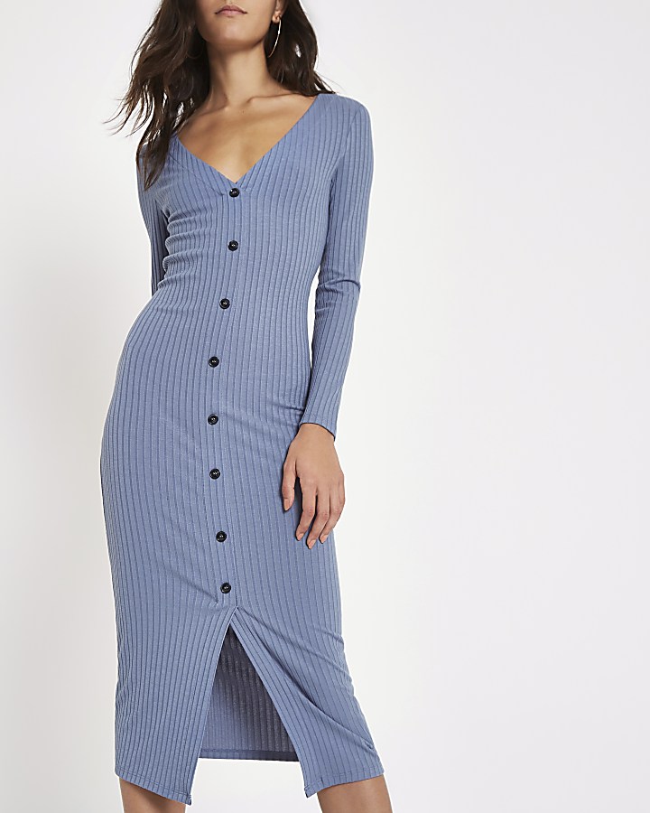 Light blue ribbed button front bodycon dress