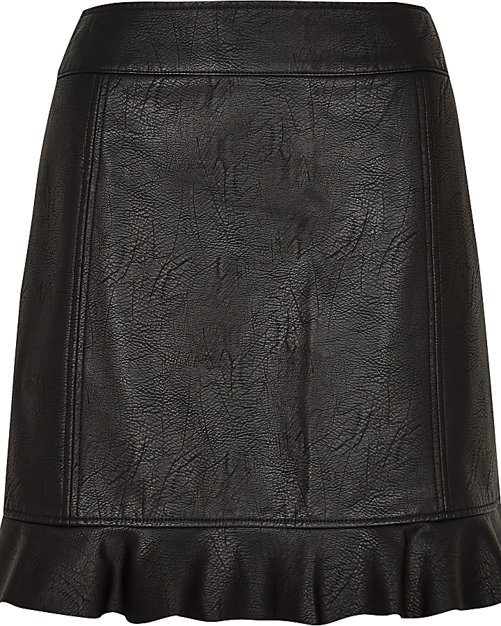 Black faux leather frill hem mini skirt
