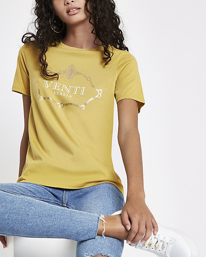 Yellow 'Venti Italia' print fitted T-shirt
