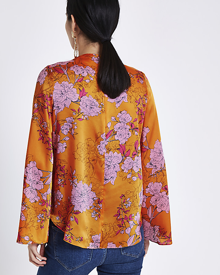 Orange floral print flare sleeve top