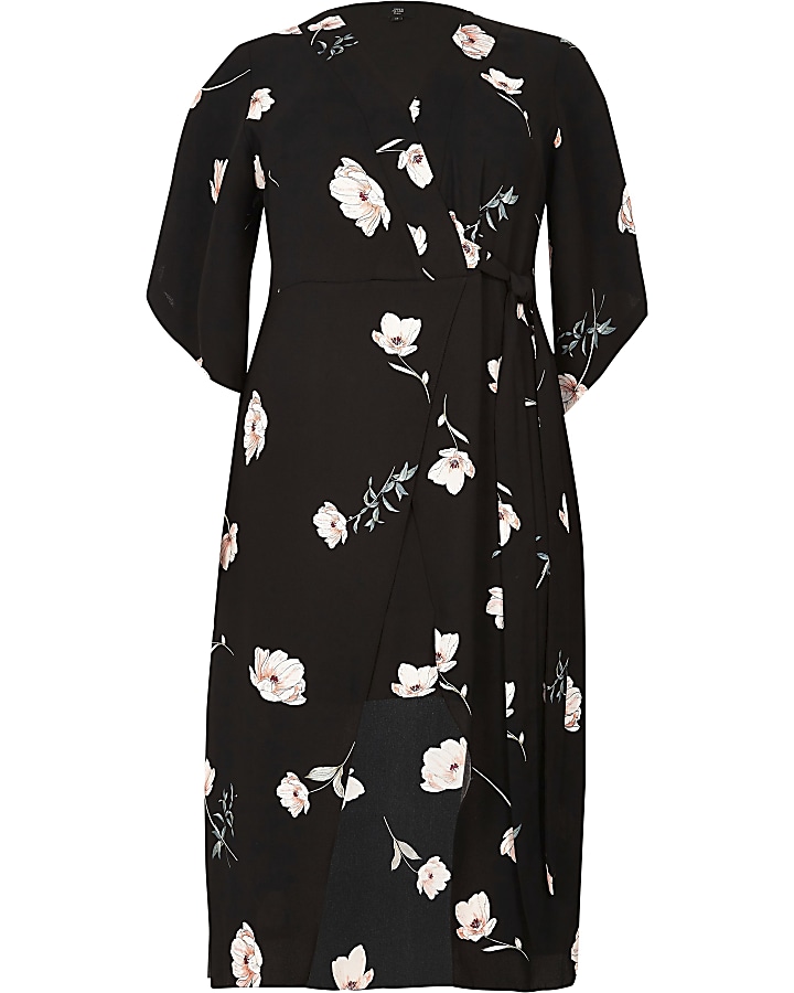 Plus black floral wrap kimono sleeve dress