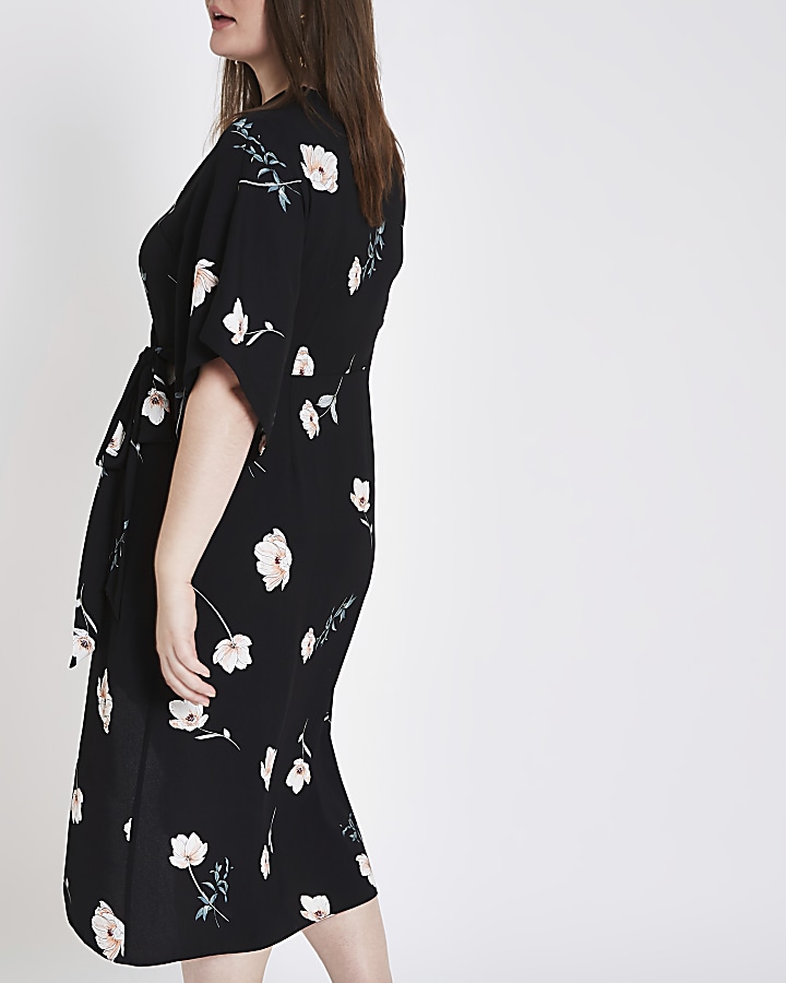 Plus black floral wrap kimono sleeve dress