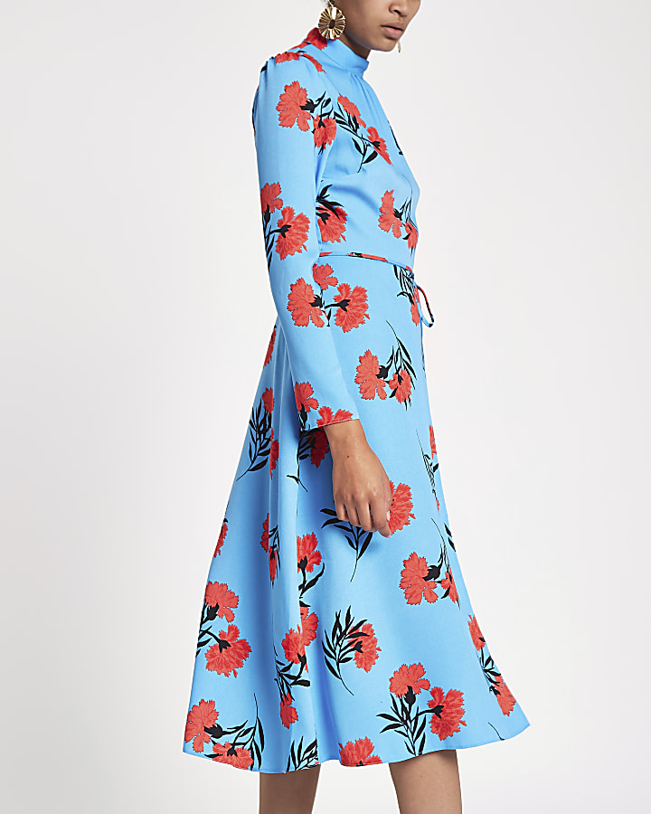 Blue floral print high neck midi dress