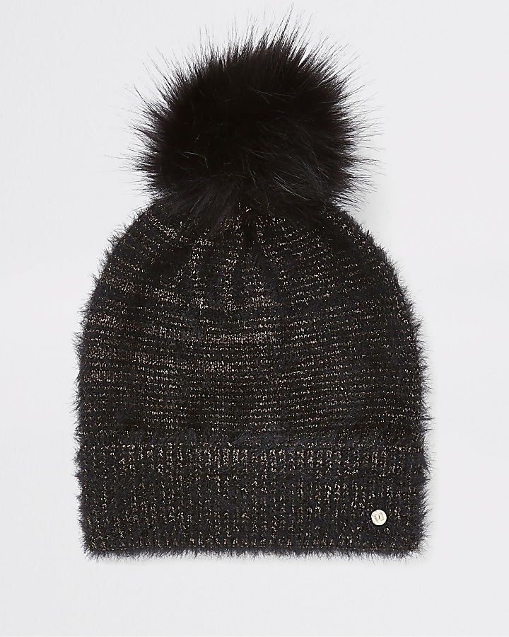 Black gold threaded faux fur beanie hat