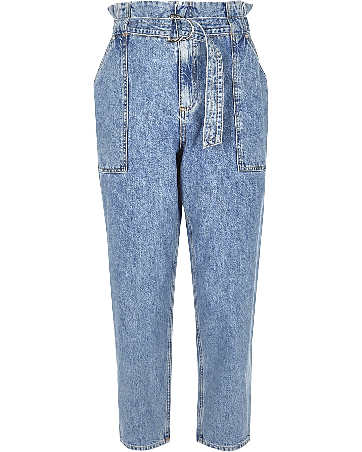 Mid blue denim belted paperbag waist jeans