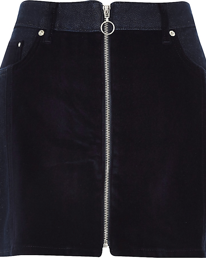 Dark blue velvet panel zip denim mini skirt