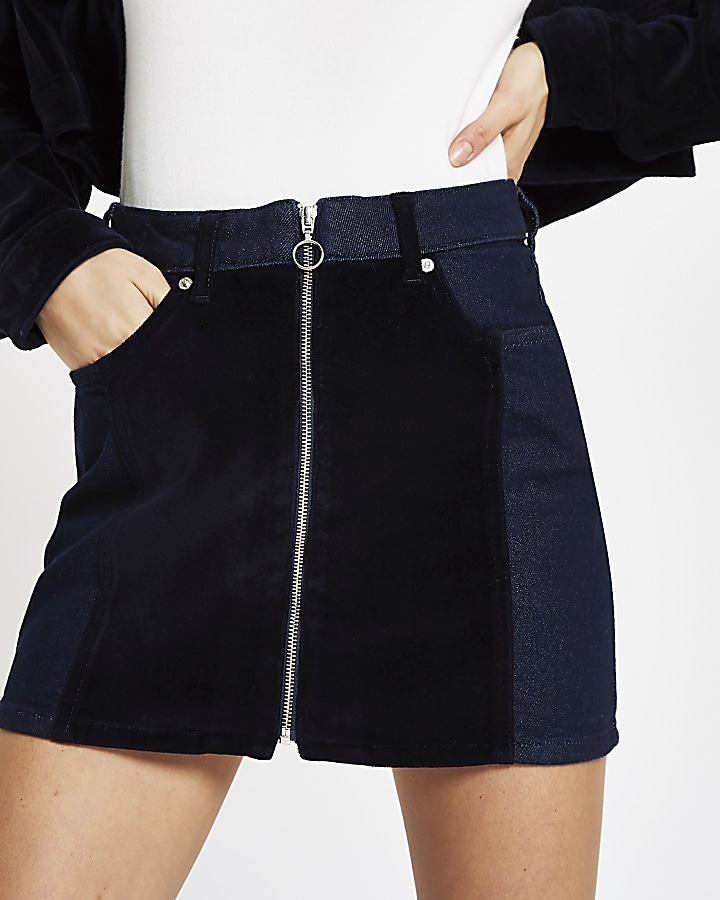 Dark blue velvet panel zip denim mini skirt