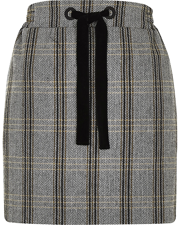 Brown check drawstring mini skirt