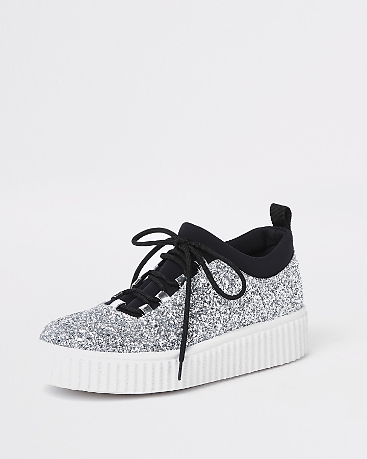Silver glitter lace up creeper trainers