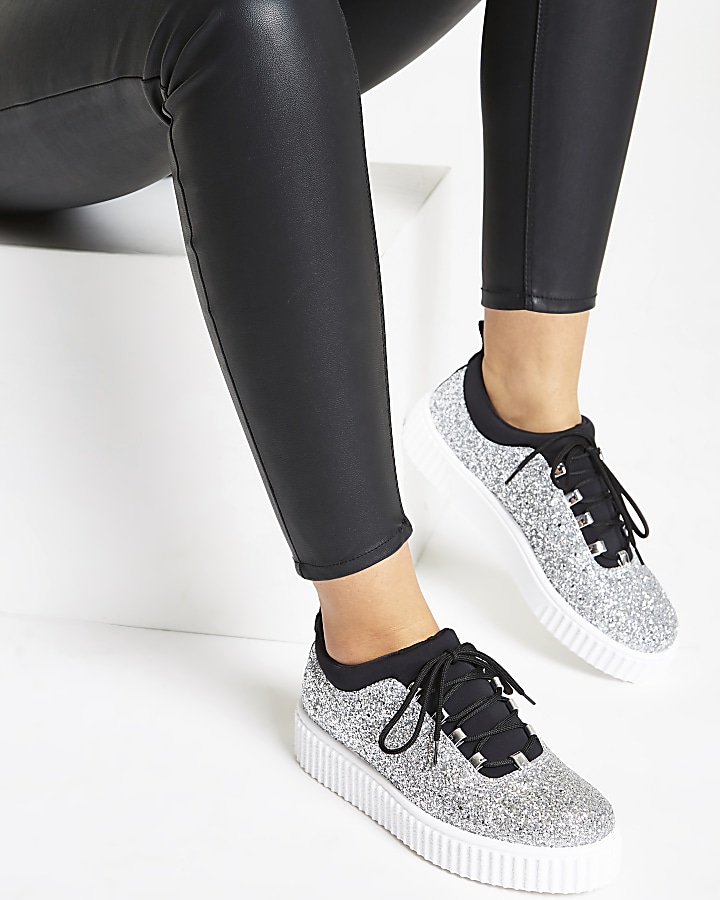 Silver glitter lace up creeper trainers