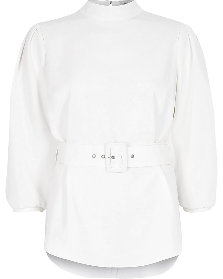 White loose fit cuffed hem belted top