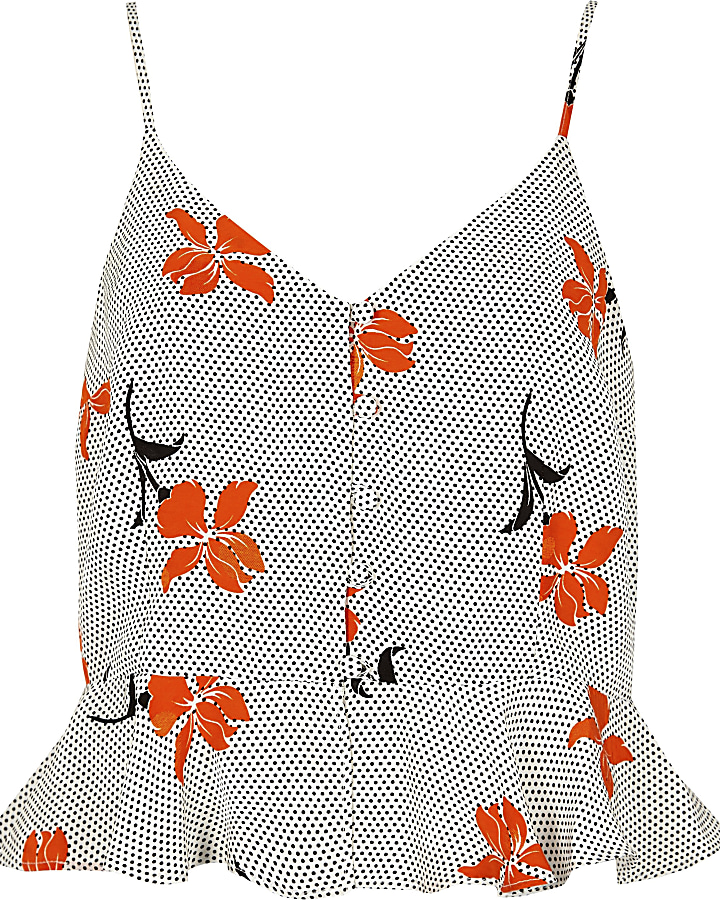 Orange floral print button front cami top