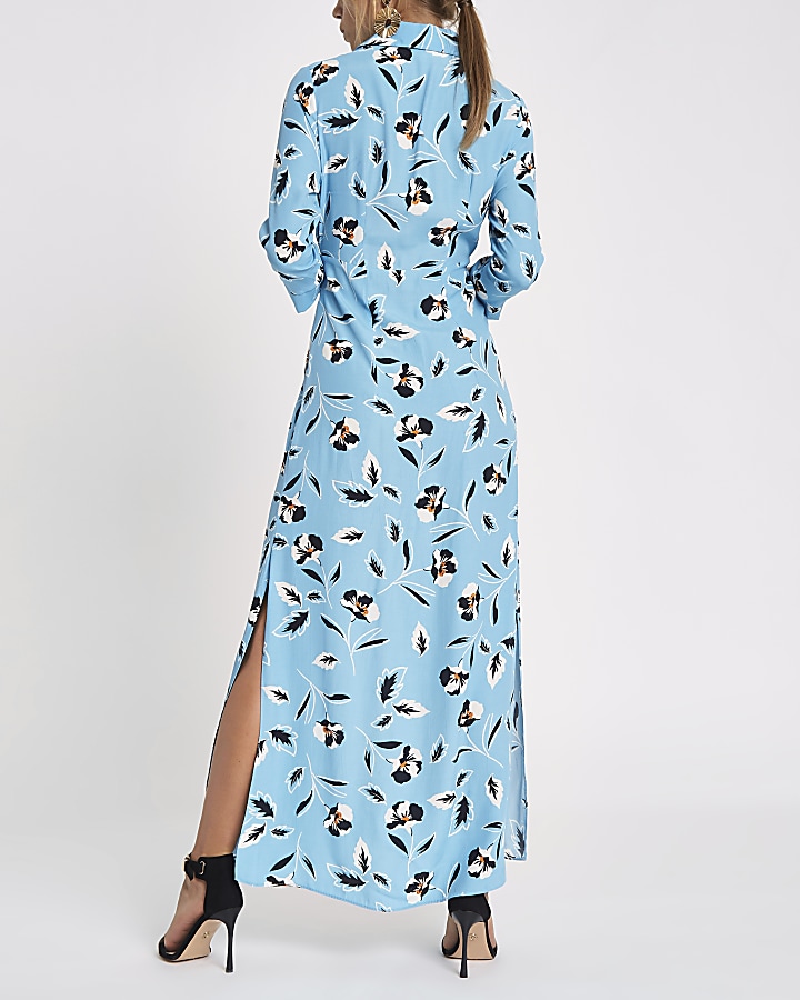 Blue floral print shirt maxi dress