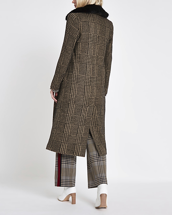 Brown check faux fur knit coat