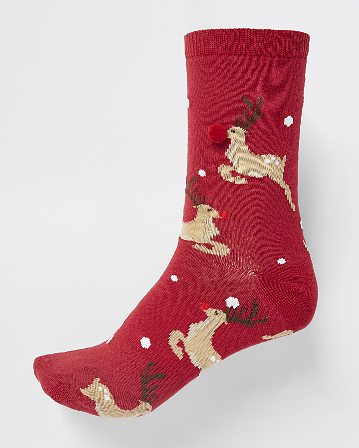 Red reindeer print pom pom trim ankle socks