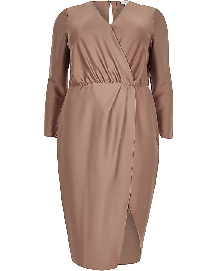 Plus pink wrap front waisted midi dress