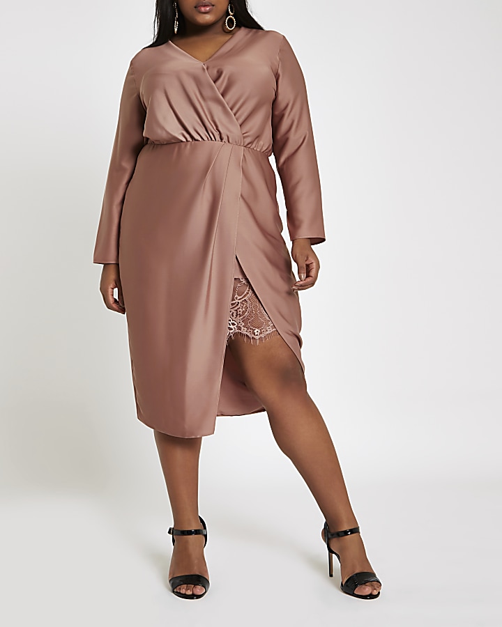 Plus pink wrap front waisted midi dress