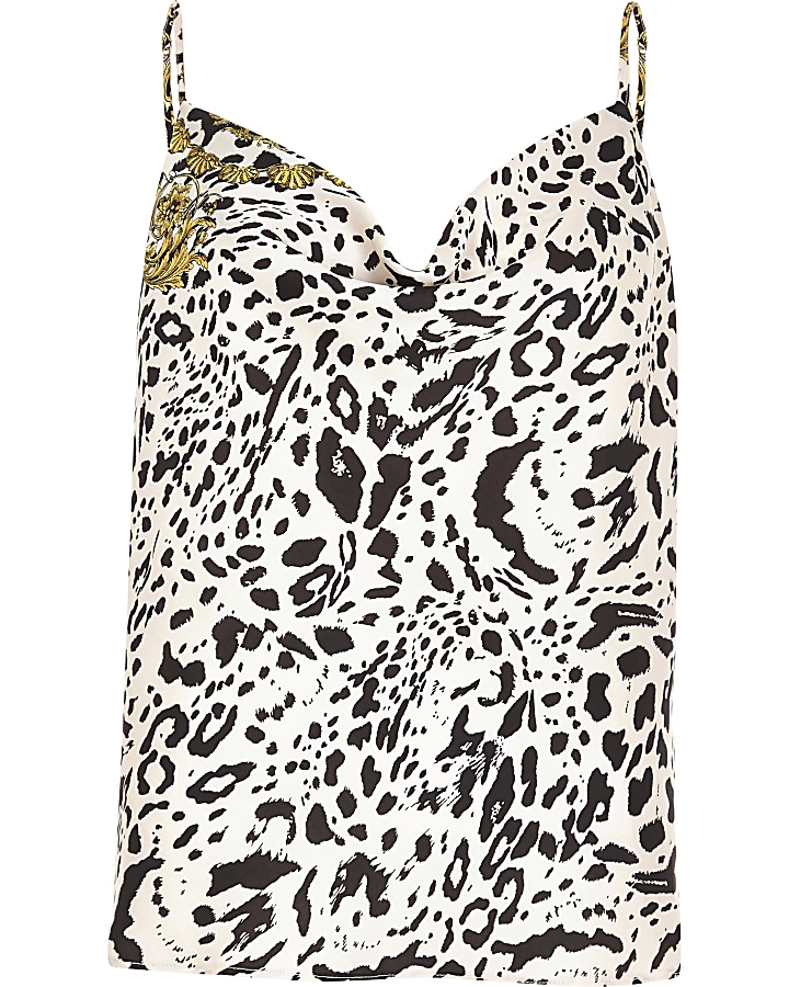 Cream leopard print cowl neck cami top