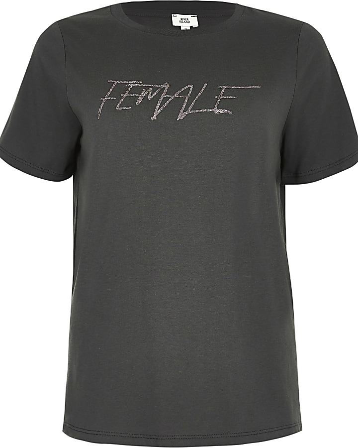 Grey sequin 'female' print t-shirt