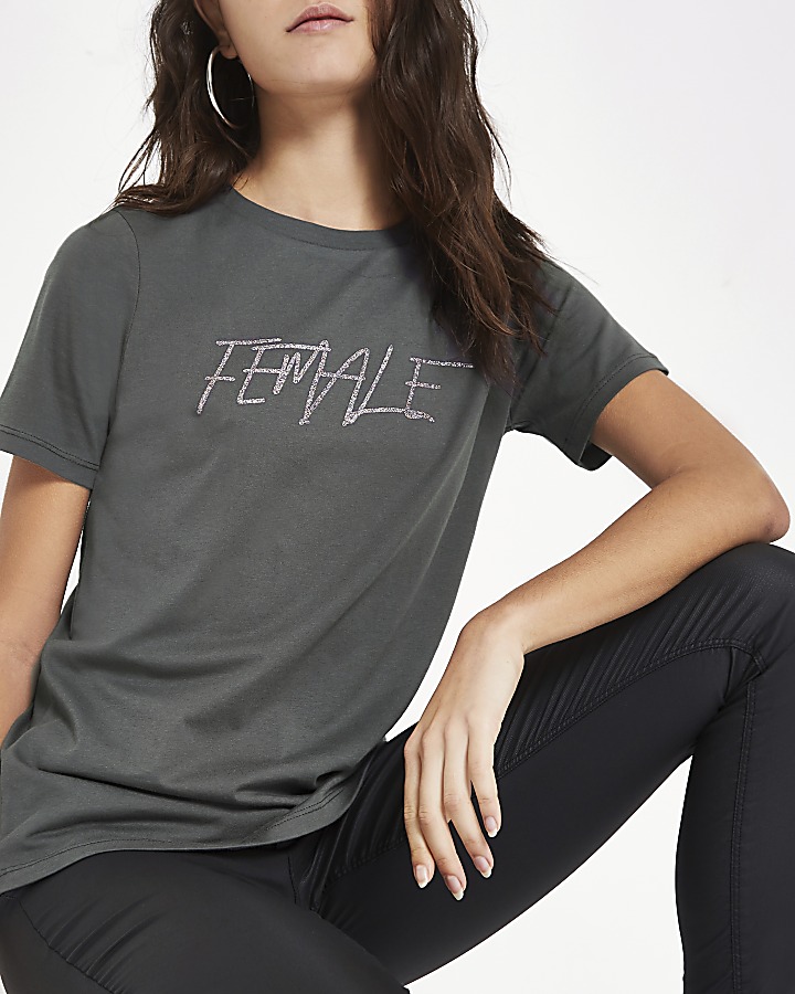 Grey sequin 'female' print t-shirt
