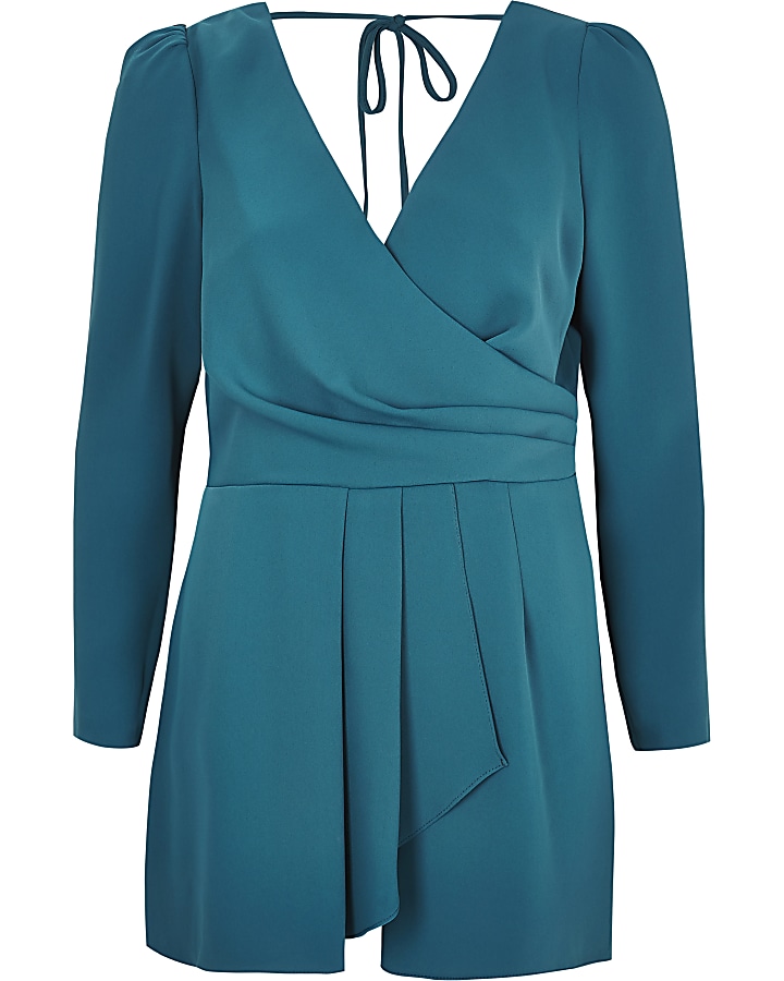 Teal wrap front tie back playsuit