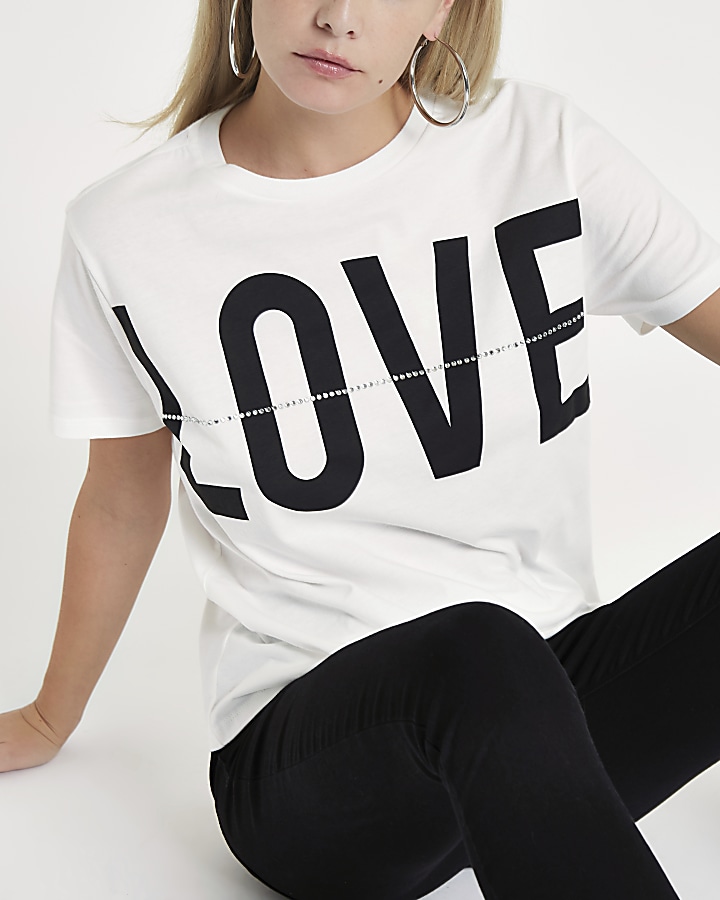 Petite white 'Love' print diamante T-shirt