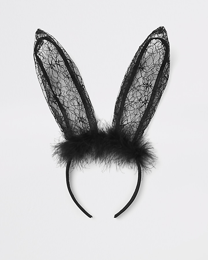 Black faux fur lace rabbit ears headband