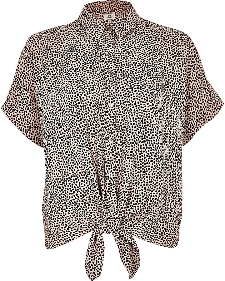 Cream leopard print tie front shirt