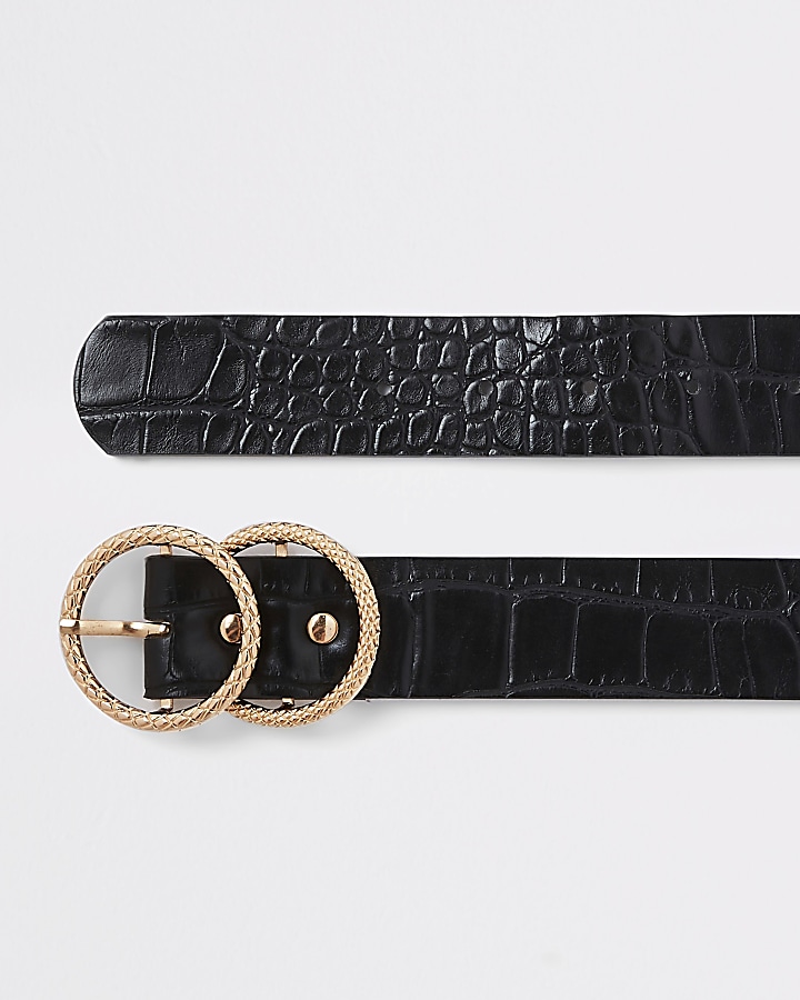 Black croc embossed double ring belt