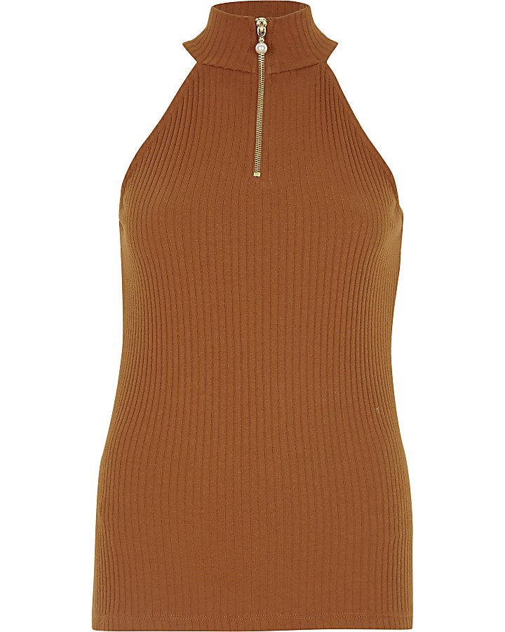 Brown ribbed halter neck sleevless top