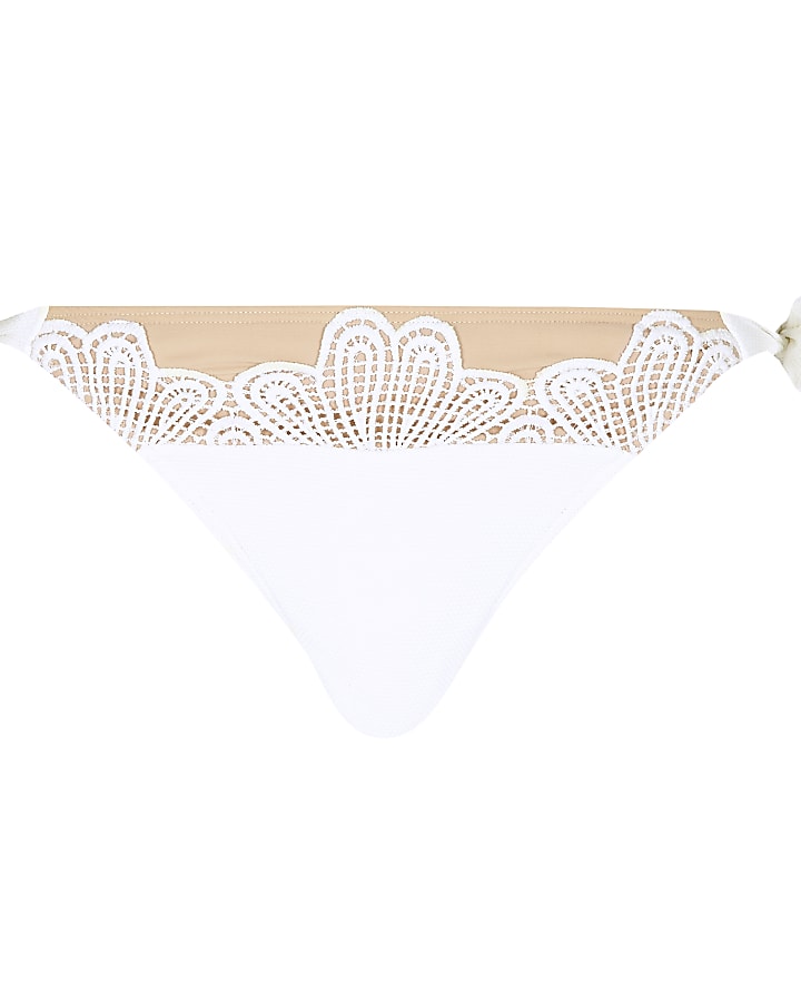 White lace trim tie side bikini bottoms