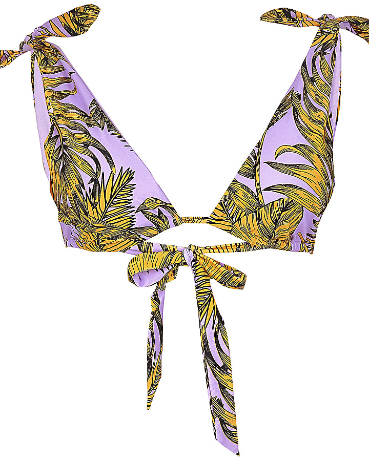 Purple floral bow triangle bikini top