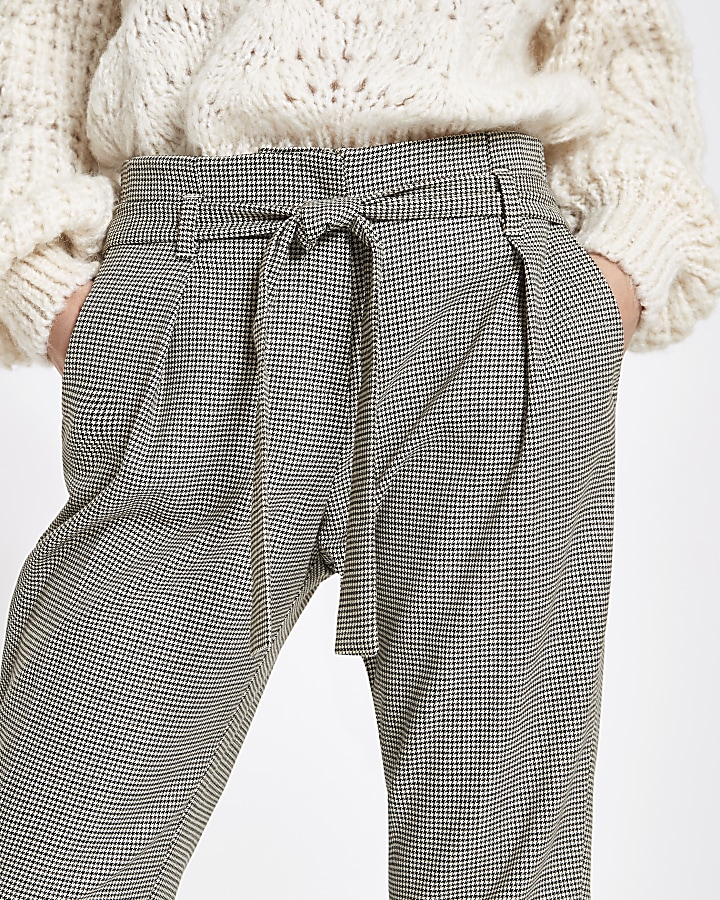 Petite grey check tie waist tapered trousers