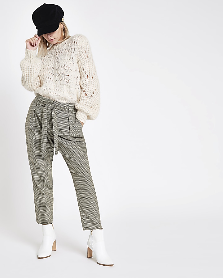 Petite grey check tie waist tapered trousers